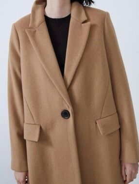 Zara Camel Single-Button Wool-Blend Tailored Trench Coat